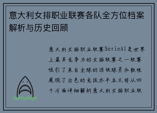 意大利女排职业联赛各队全方位档案解析与历史回顾