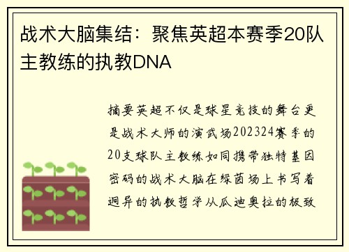 战术大脑集结：聚焦英超本赛季20队主教练的执教DNA