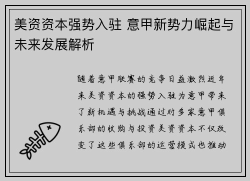 美资资本强势入驻 意甲新势力崛起与未来发展解析