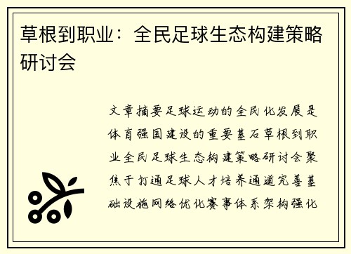 草根到职业：全民足球生态构建策略研讨会